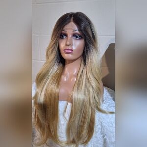 Blonde Ombre Women's Human Hair Blend Lace Front Wig. 27 Inches Long